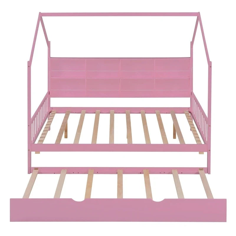 Full Solid Wood House Day Bed with Trundle
