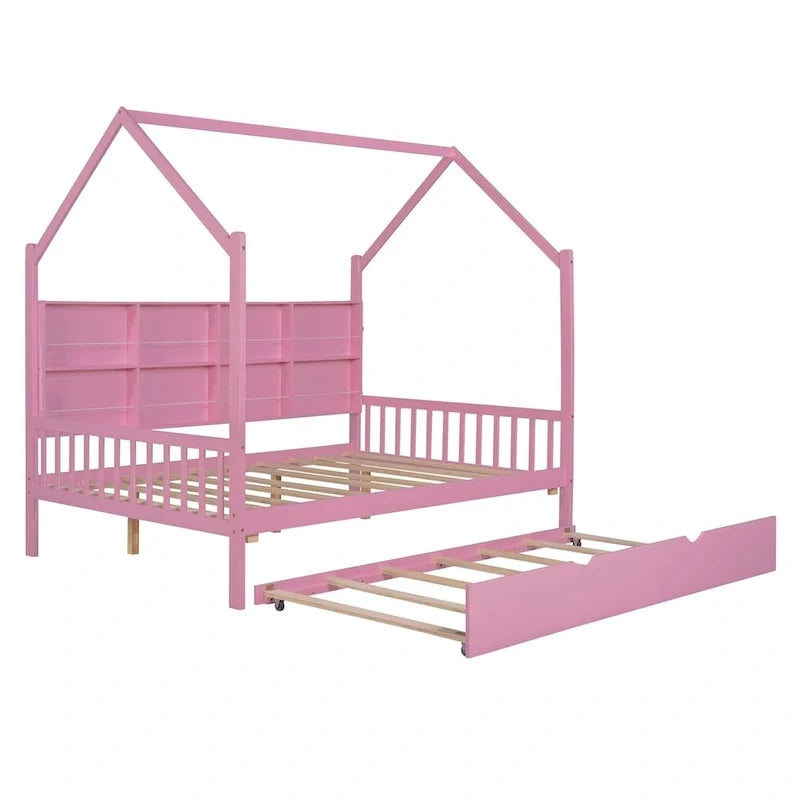 Full Solid Wood House Day Bed with Trundle