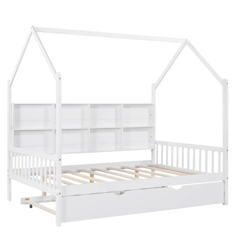 Full Solid Wood House Day Bed with Trundle