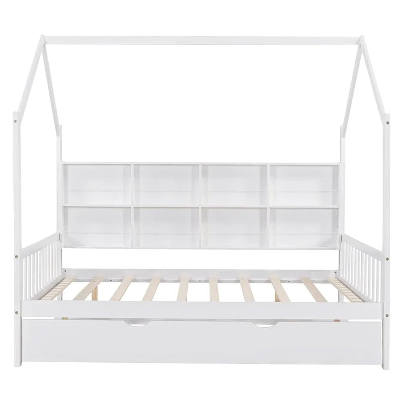 Full Solid Wood House Day Bed with Trundle