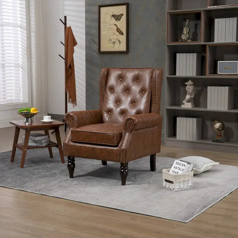 Fauteuil d'appoint en similicuir rembourré, fauteuil à dossier haut capitonné de style Mid-Century avec accoudoirs et pieds en bois massif