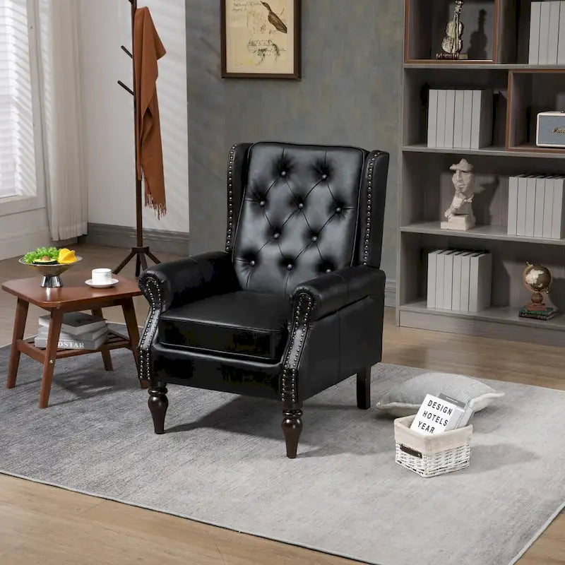 Fauteuil d'appoint en similicuir rembourré, fauteuil à dossier haut capitonné de style Mid-Century avec accoudoirs et pieds en bois massif
