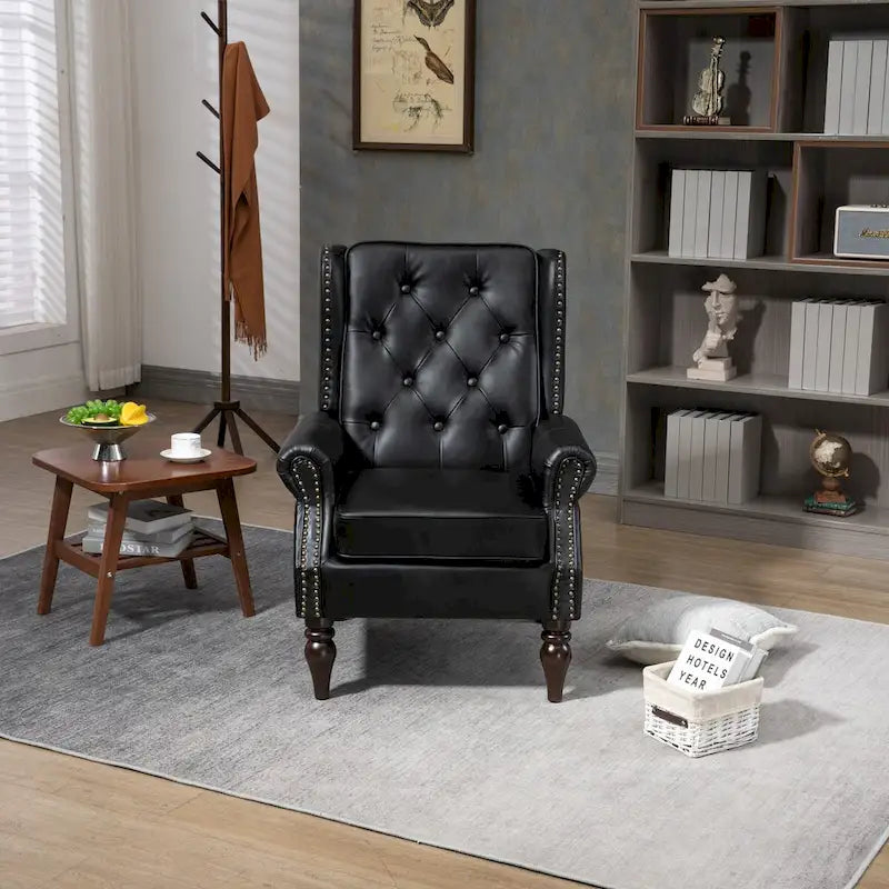Fauteuil d'appoint en similicuir rembourré, fauteuil à dossier haut capitonné de style Mid-Century avec accoudoirs et pieds en bois massif