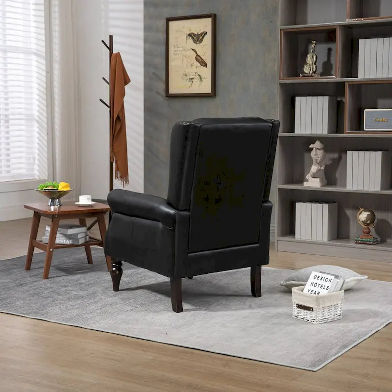 Fauteuil d'appoint en similicuir rembourré, fauteuil à dossier haut capitonné de style Mid-Century avec accoudoirs et pieds en bois massif
