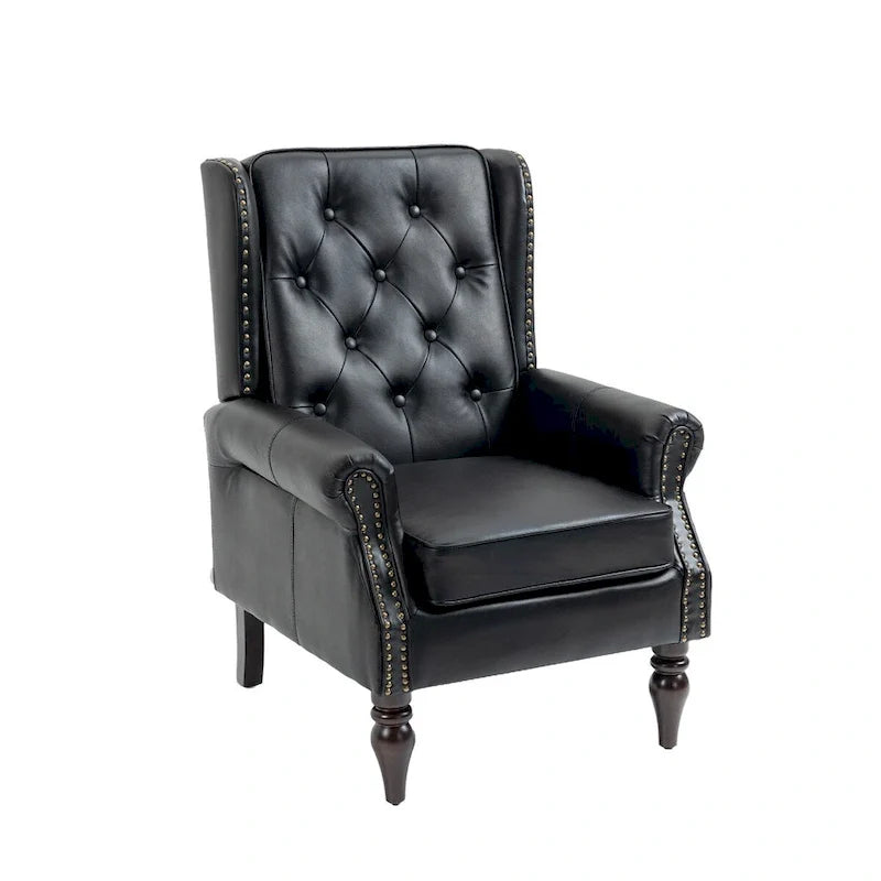 Fauteuil d'appoint en similicuir rembourré, fauteuil à dossier haut capitonné de style Mid-Century avec accoudoirs et pieds en bois massif