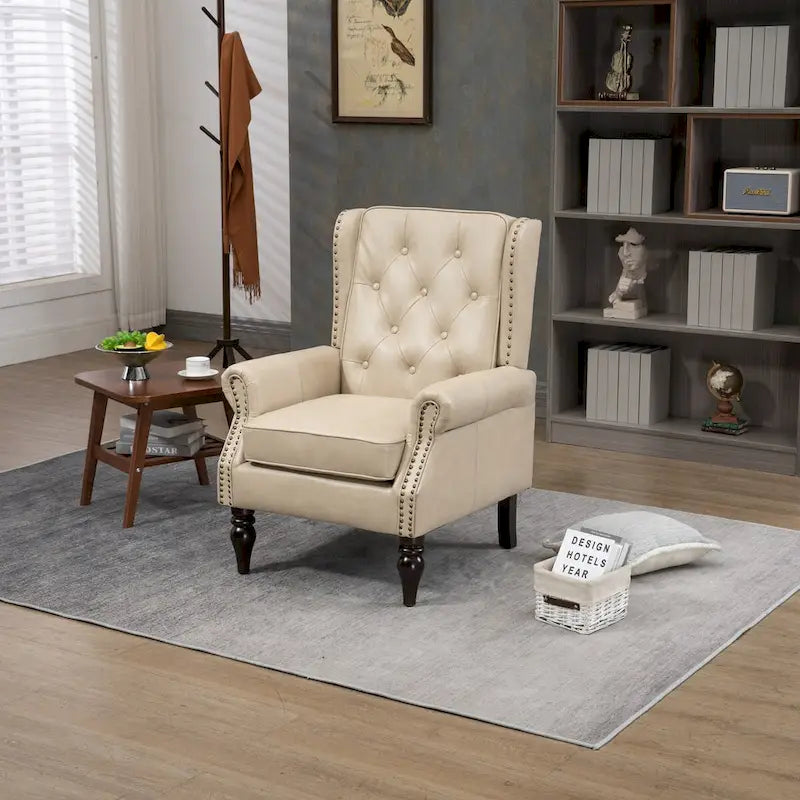 Fauteuil d'appoint en similicuir rembourré, fauteuil à dossier haut capitonné de style Mid-Century avec accoudoirs et pieds en bois massif