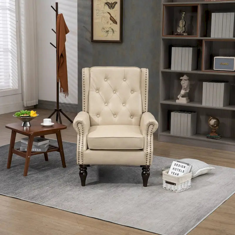 Fauteuil d'appoint en similicuir rembourré, fauteuil à dossier haut capitonné de style Mid-Century avec accoudoirs et pieds en bois massif