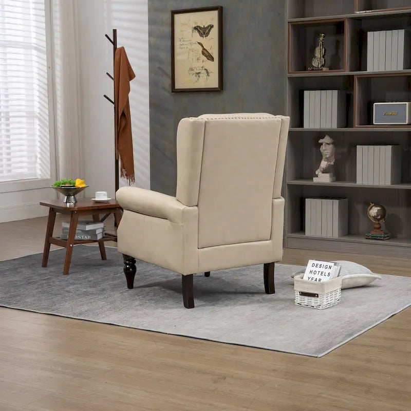 Fauteuil d'appoint en similicuir rembourré, fauteuil à dossier haut capitonné de style Mid-Century avec accoudoirs et pieds en bois massif