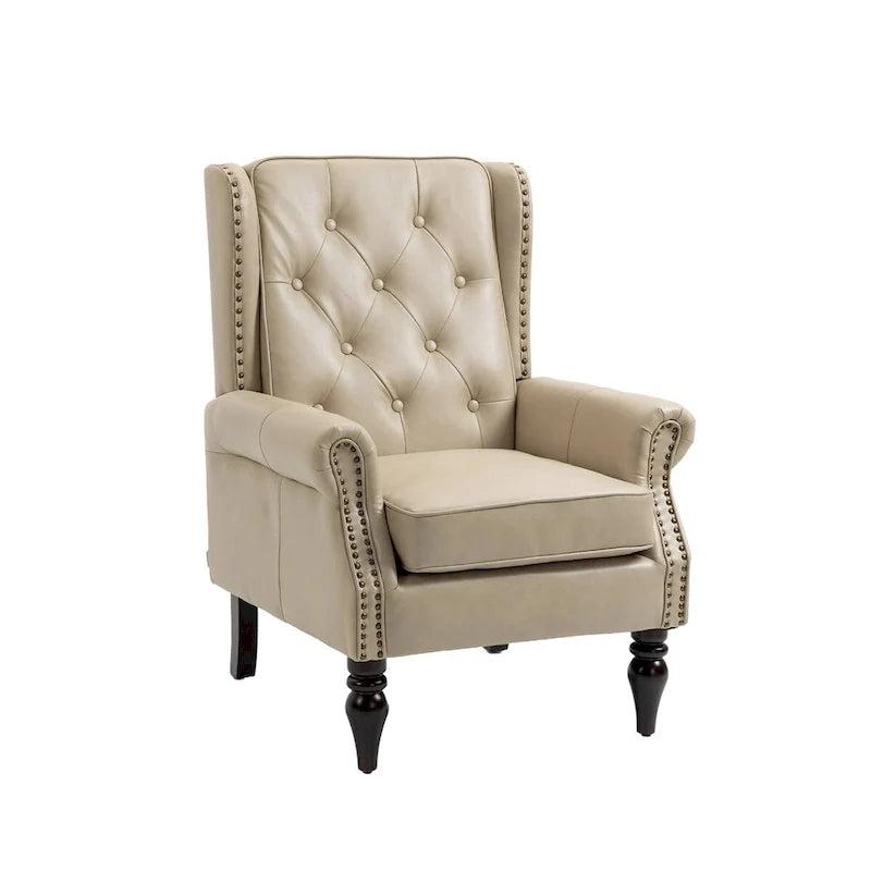 Fauteuil d'appoint en similicuir rembourré, fauteuil à dossier haut capitonné de style Mid-Century avec accoudoirs et pieds en bois massif