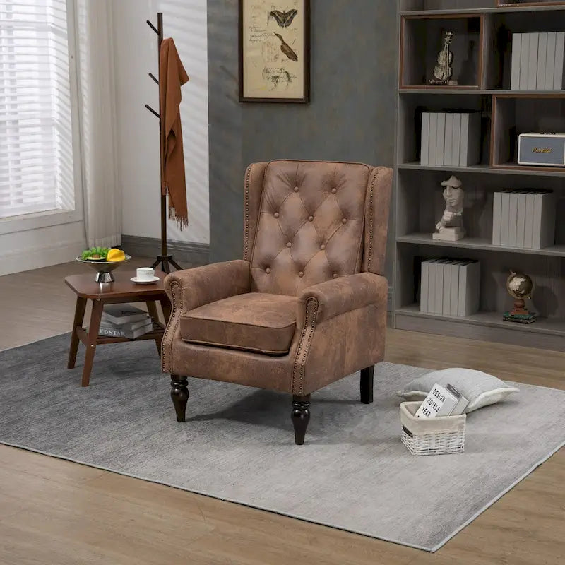 Fauteuil d'appoint en similicuir rembourré, fauteuil à dossier haut capitonné de style Mid-Century avec accoudoirs et pieds en bois massif