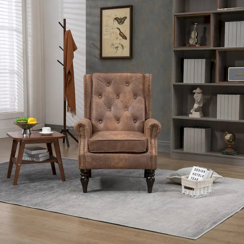 Fauteuil d'appoint en similicuir rembourré, fauteuil à dossier haut capitonné de style Mid-Century avec accoudoirs et pieds en bois massif