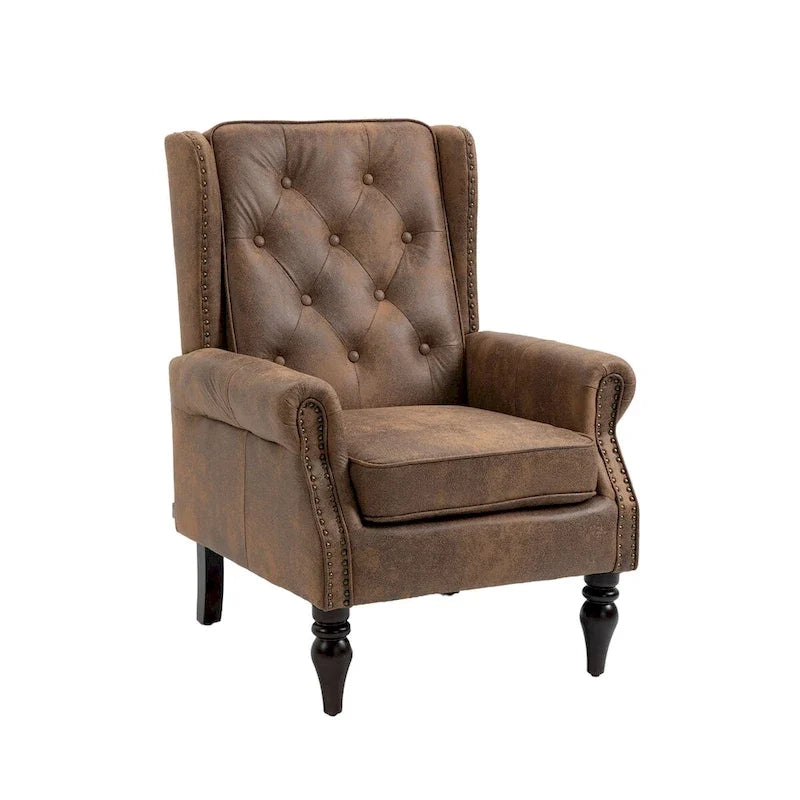 Fauteuil d'appoint en similicuir rembourré, fauteuil à dossier haut capitonné de style Mid-Century avec accoudoirs et pieds en bois massif