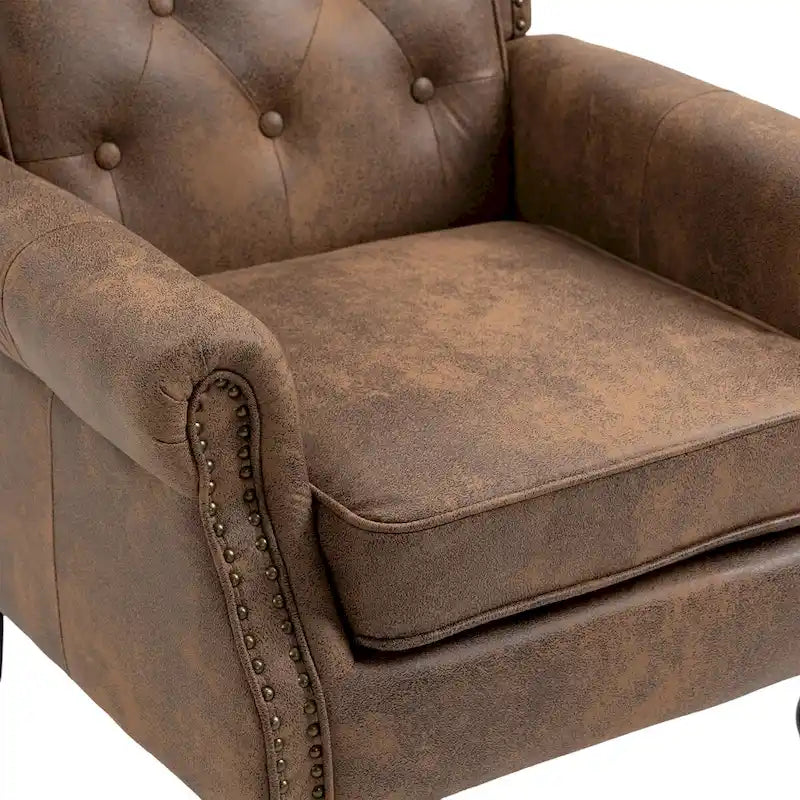 Fauteuil d'appoint en similicuir rembourré, fauteuil à dossier haut capitonné de style Mid-Century avec accoudoirs et pieds en bois massif