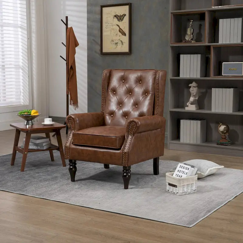 Fauteuil d'appoint en similicuir rembourré, fauteuil à dossier haut capitonné de style Mid-Century avec accoudoirs et pieds en bois massif