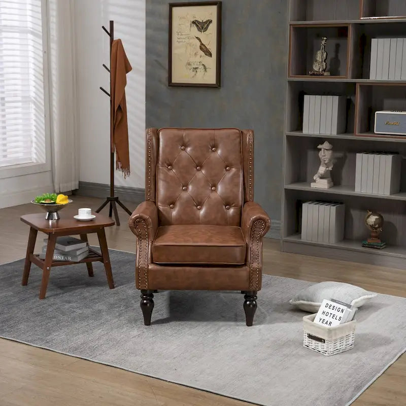 Fauteuil d'appoint en similicuir rembourré, fauteuil à dossier haut capitonné de style Mid-Century avec accoudoirs et pieds en bois massif
