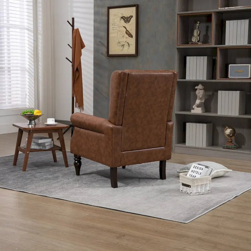 Fauteuil d'appoint en similicuir rembourré, fauteuil à dossier haut capitonné de style Mid-Century avec accoudoirs et pieds en bois massif