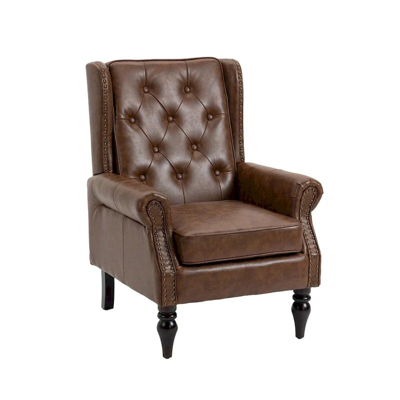 Fauteuil d'appoint en similicuir rembourré, fauteuil à dossier haut capitonné de style Mid-Century avec accoudoirs et pieds en bois massif
