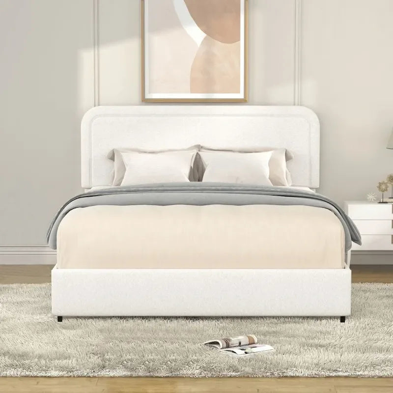 Letto imbottito con piattaforma Queen Size in Bouclé Avorio