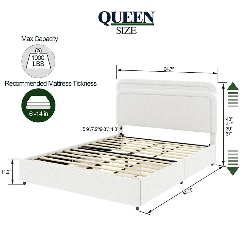 Letto imbottito con piattaforma Queen Size in Bouclé Avorio