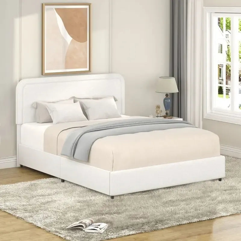 Letto imbottito con piattaforma Queen Size in Bouclé Avorio