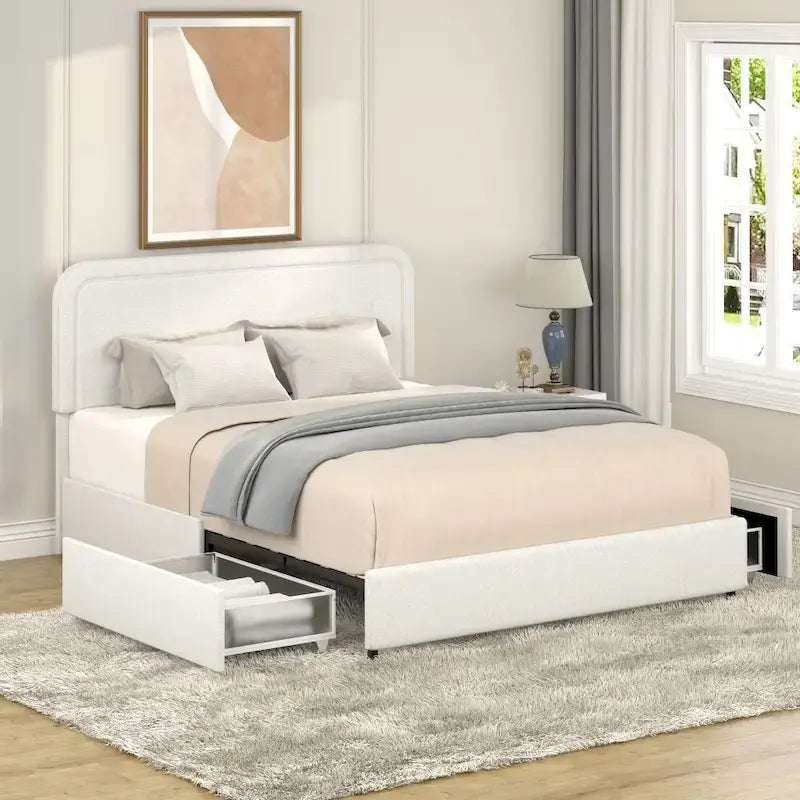 Letto imbottito con piattaforma Queen Size in Bouclé Avorio