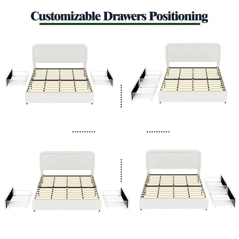 Letto imbottito con piattaforma Queen Size in Bouclé Avorio