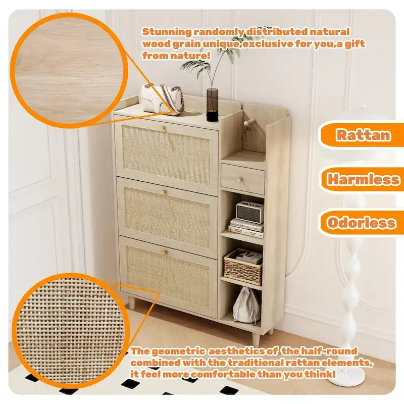 Scarpiera, Scarpiera con 3 Cassetti a Ribalta in Rattan, 3 Ripiani Quadrati e 1 Cassetto Contenitore