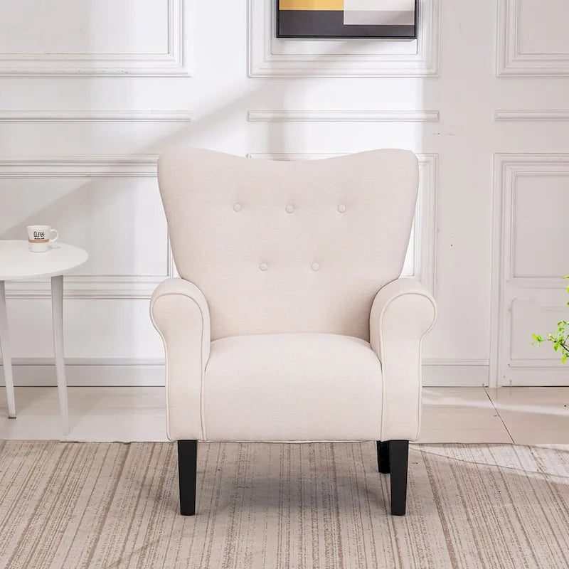 EROMMY Wingback Accent Chair, High-Back Upholstered Fabric Chair with Wooden Legs, Off-White