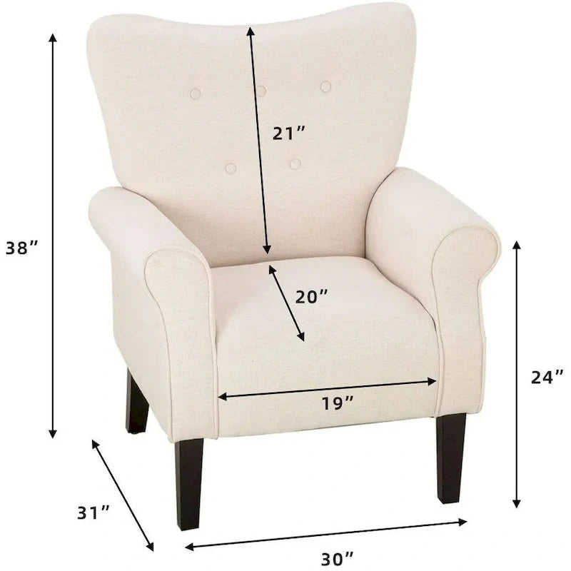 EROMMY Wingback Accent Chair, High-Back Upholstered Fabric Chair with Wooden Legs, Off-White