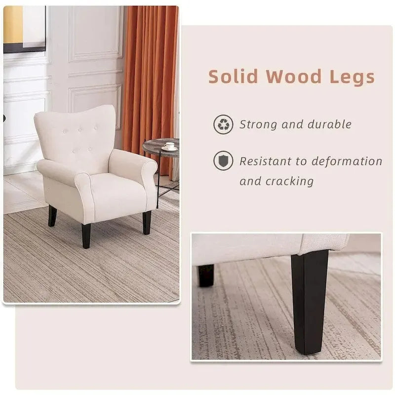 EROMMY Wingback Accent Chair, High-Back Upholstered Fabric Chair with Wooden Legs, Off-White