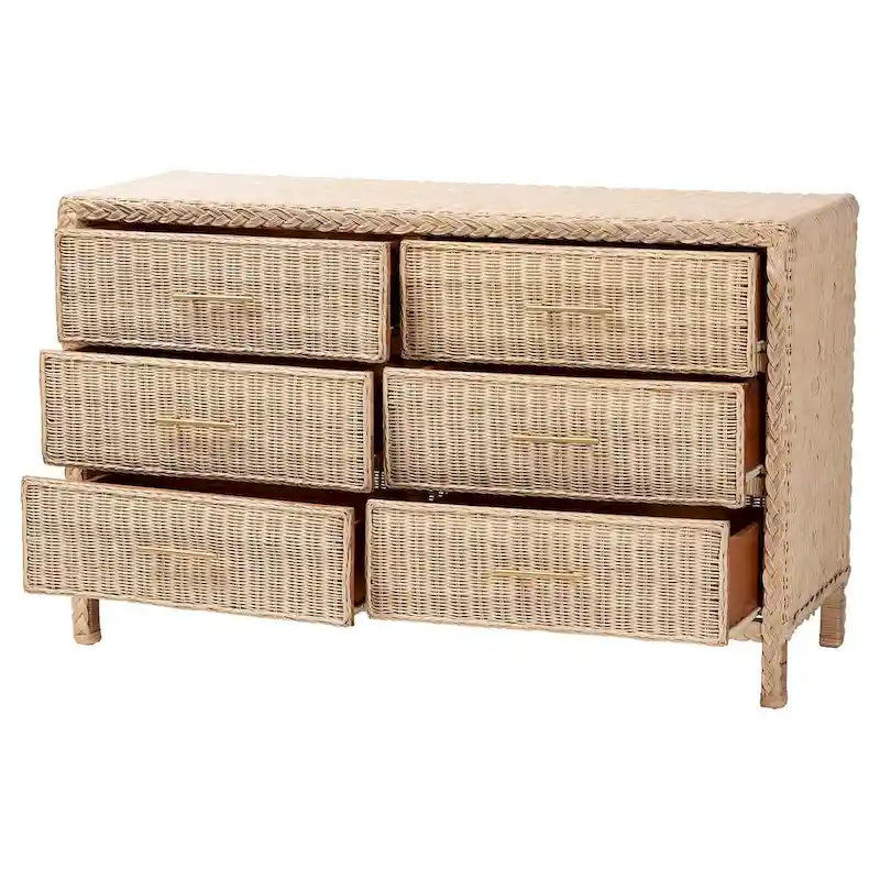 Cassettiera Lanica Japandi con 6 cassetti in rattan intrecciato sbiancato al sole