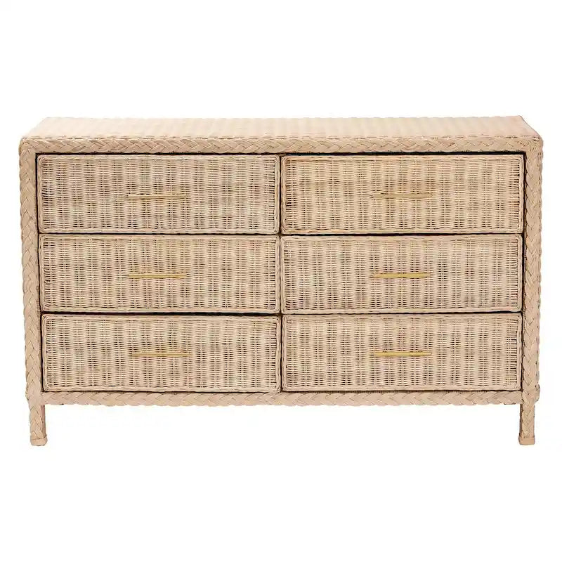 Cassettiera Lanica Japandi con 6 cassetti in rattan intrecciato sbiancato al sole
