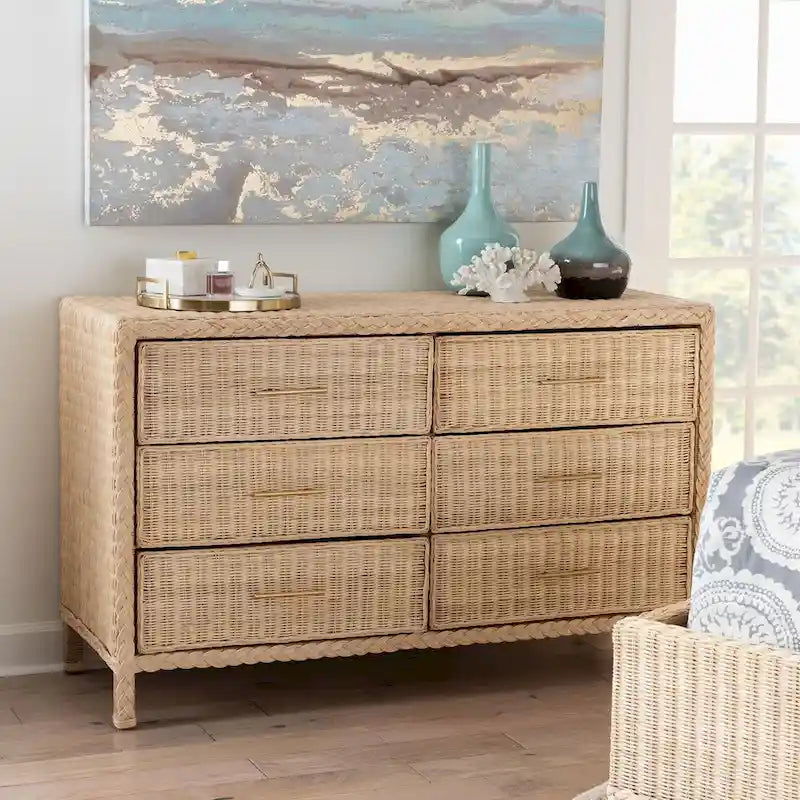 Cassettiera Lanica Japandi con 6 cassetti in rattan intrecciato sbiancato al sole
