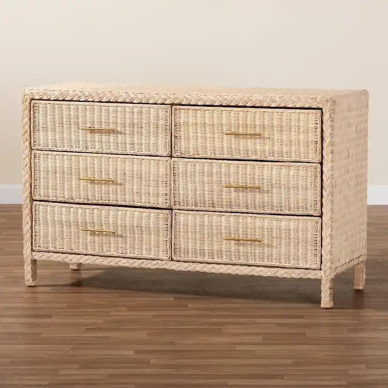 Cassettiera Lanica Japandi con 6 cassetti in rattan intrecciato sbiancato al sole
