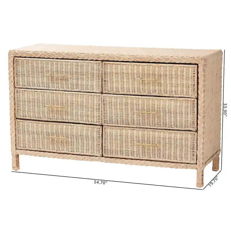 Cassettiera Lanica Japandi con 6 cassetti in rattan intrecciato sbiancato al sole