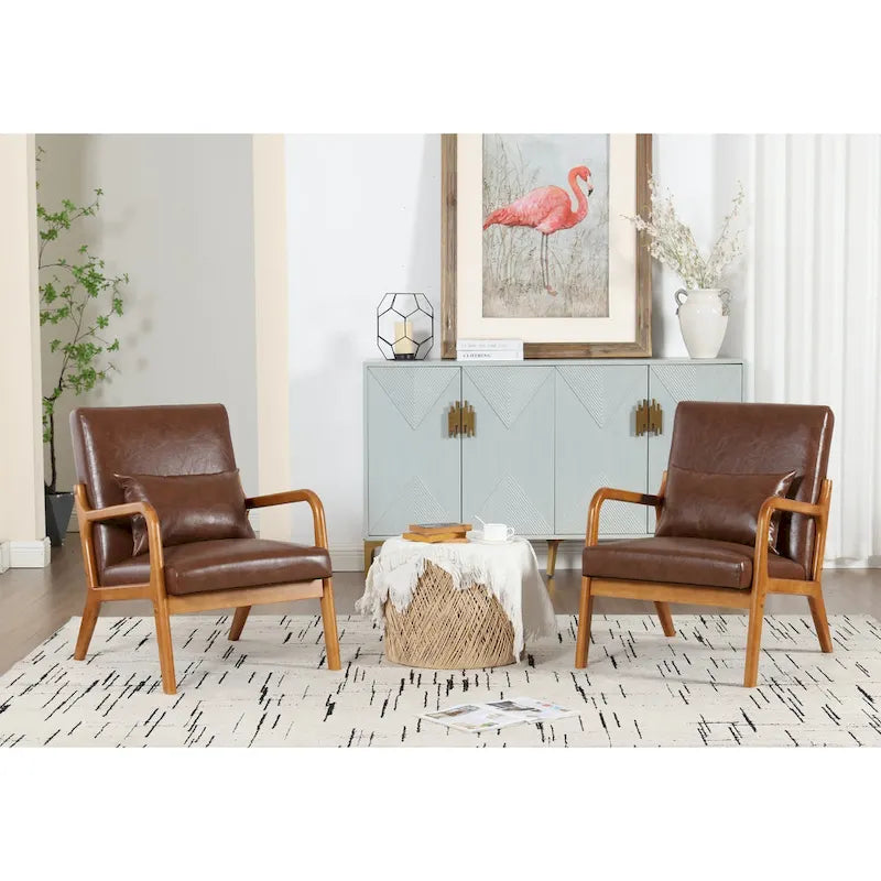 Fauteuil de salon en velours/cuir et bois de style moderne du milieu du siècle (lot de 2)