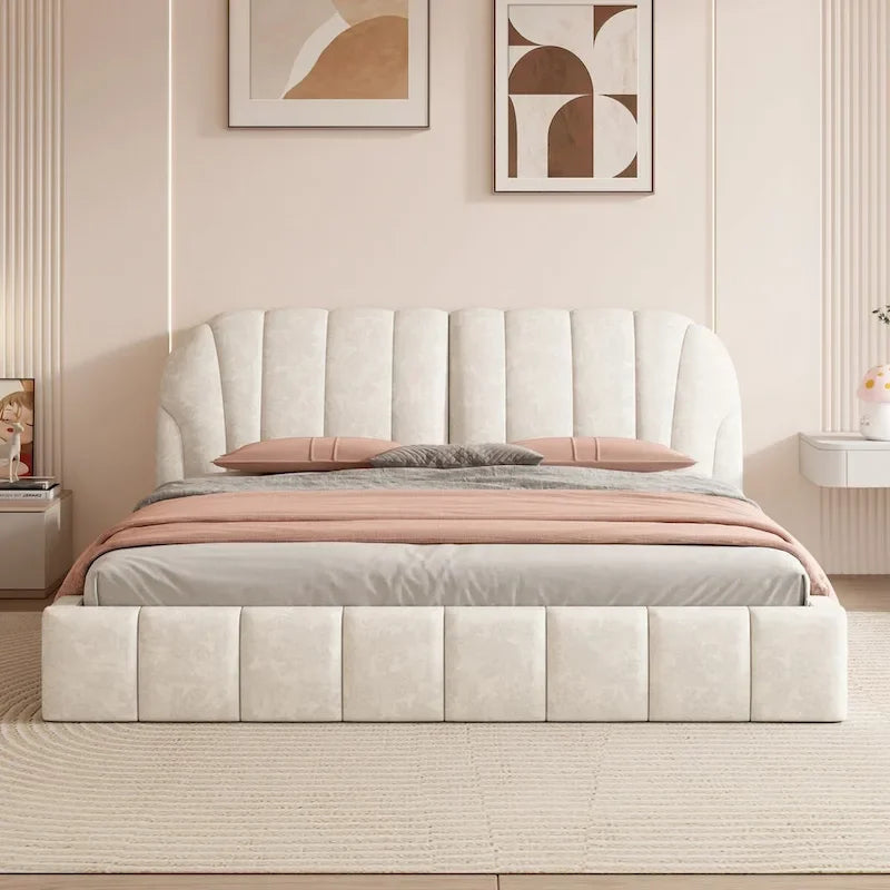 Letto imbottito a piattaforma Queen Size con testiera in tessuto spesso