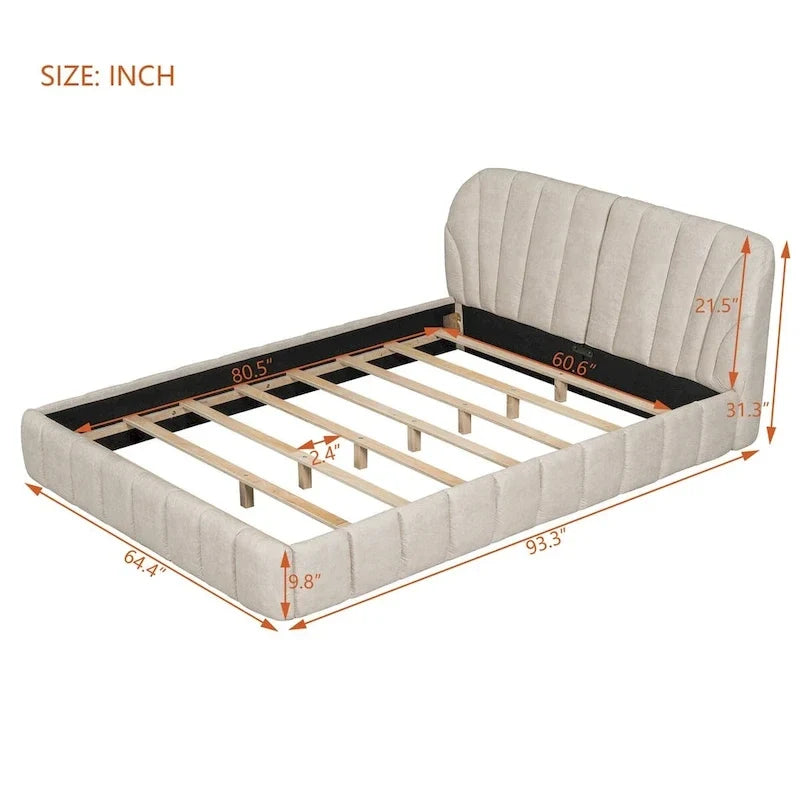 Letto imbottito a piattaforma Queen Size con testiera in tessuto spesso
