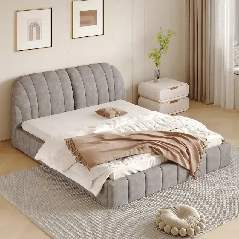 Letto imbottito a piattaforma Queen Size con testiera in tessuto spesso