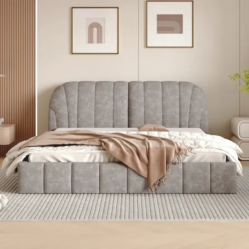 Letto imbottito a piattaforma Queen Size con testiera in tessuto spesso