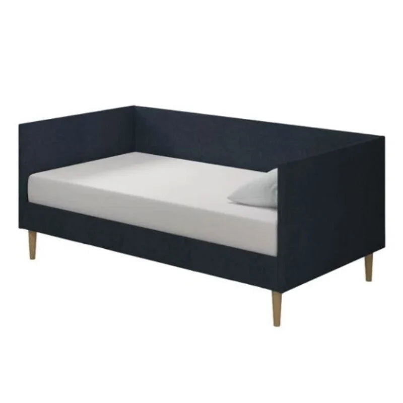 Lit de repos double moderne du milieu du siècle en lin bleu foncé