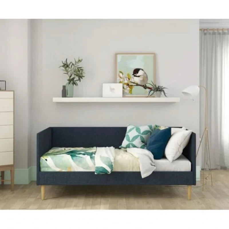 Lit de repos double moderne du milieu du siècle en lin bleu foncé