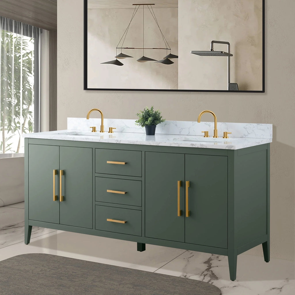 Vanity Art 72 Double Sink Bathroom Vanity Cabinet with Engineered Marble Top