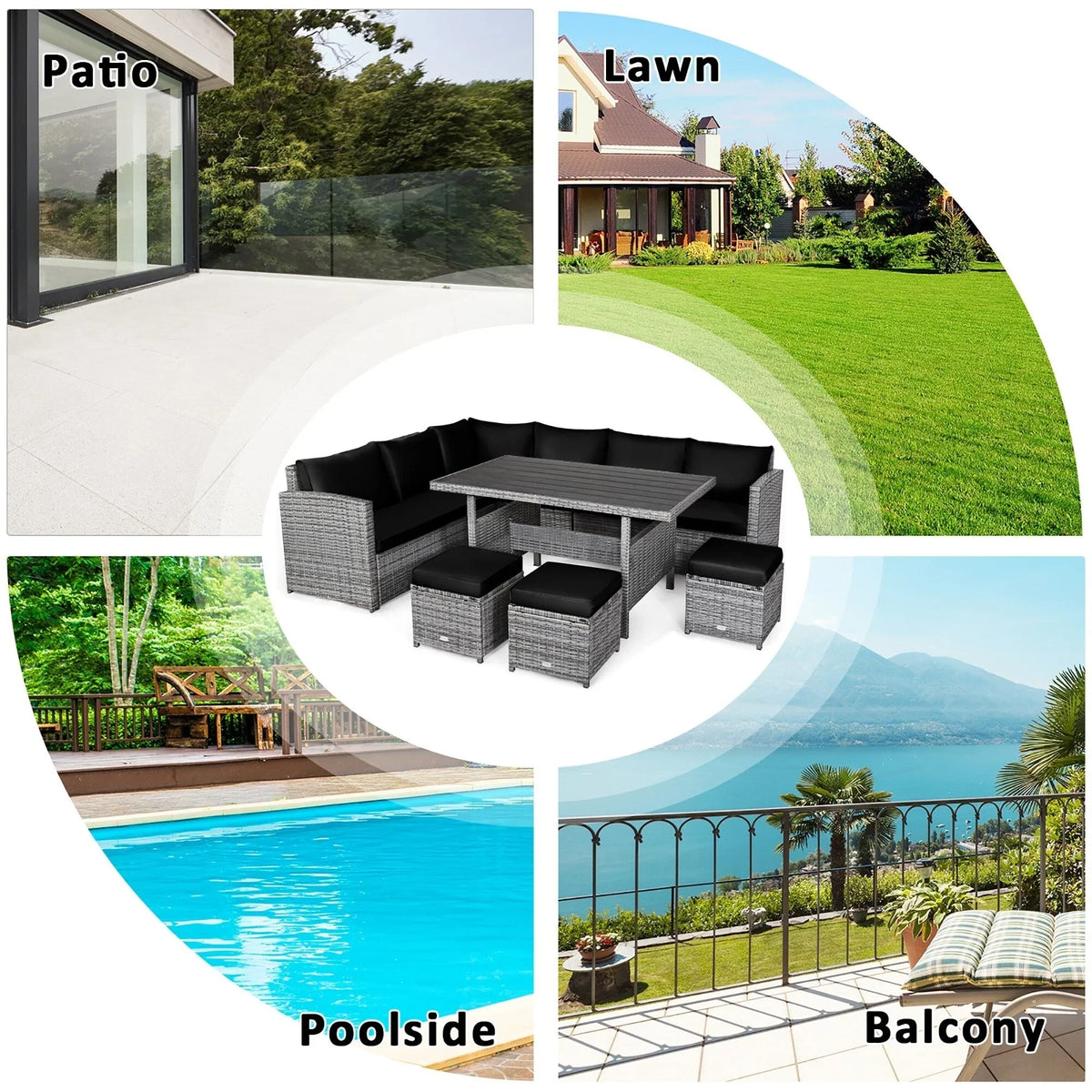 Costway 7 PCS Patio Rattan Dining Set Sectional Sofa Couch Ottoman - See Details