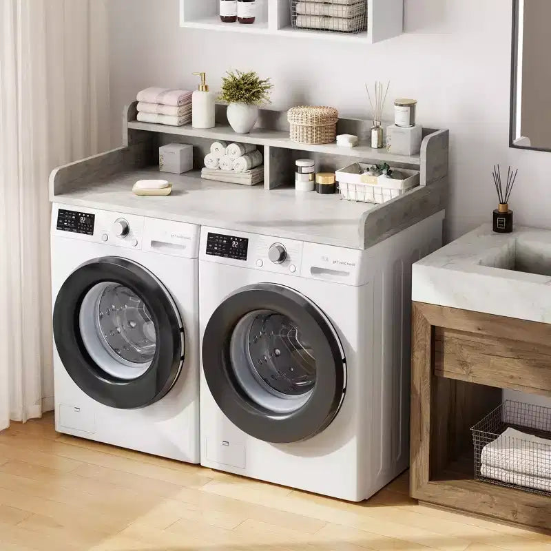 Wood Washer and Dryer Topper, 54 Laundry Countertop with 2-Tier Storage Shelf, Anti-Slip Work Surface with Guardrails for Laundry Organization