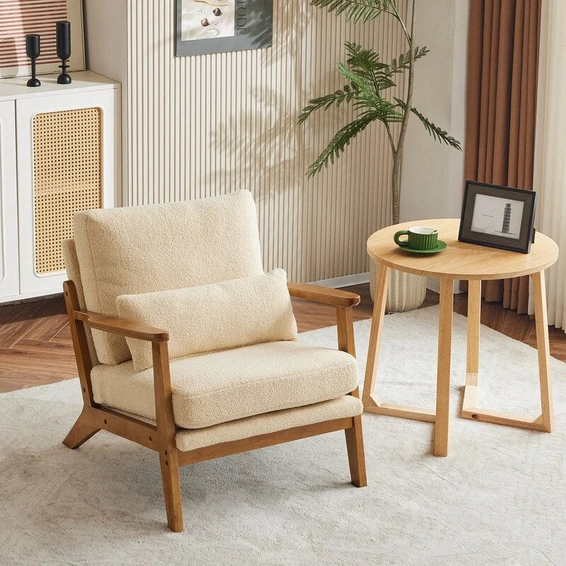 Upholstered Linen Blend Accent Chair with Wooden Legs and One Pillow Beige