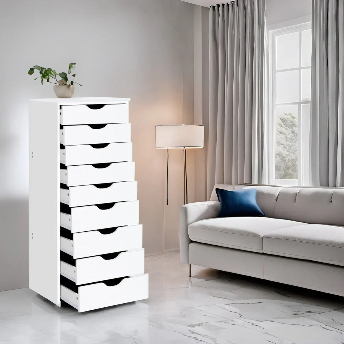 Meuble étroit en bois à 9 tiroirs avec coulisses fluides et étagère de rangement supérieure