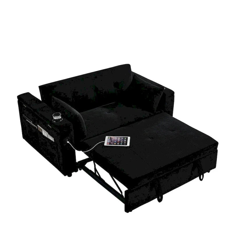 Divano Letto Estraibile 54", Divano Reclinabile 2 Posti con Contenitore, Cuscino Lombare, Presa USB