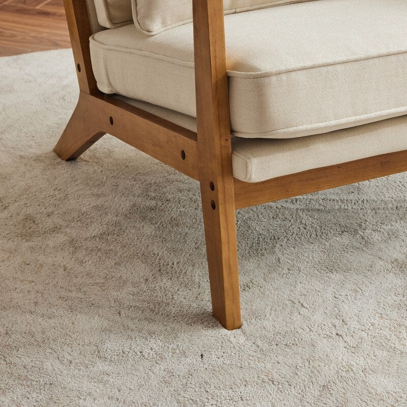 Upholstered Linen Blend Accent Chair with Wooden Legs and One Pillow Beige