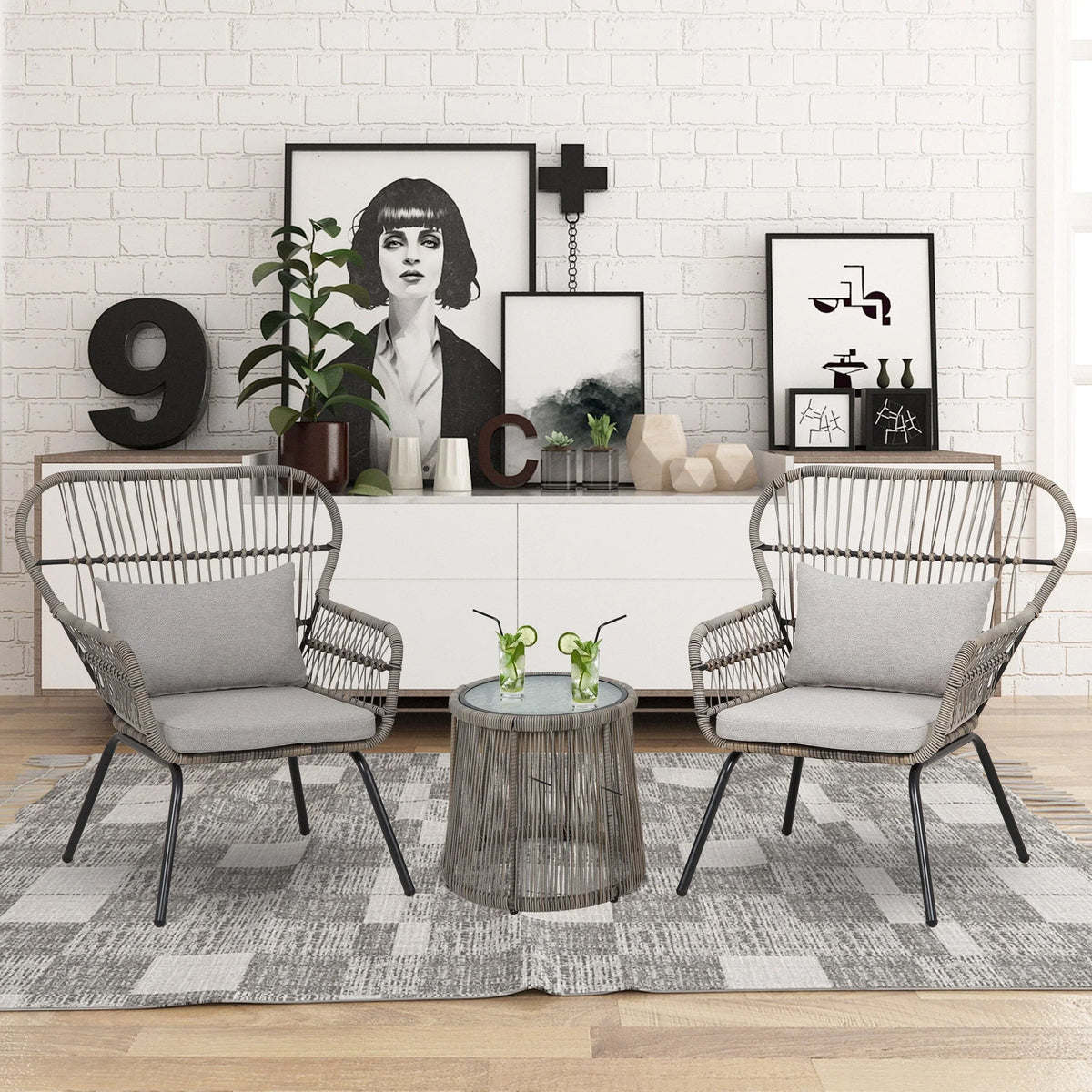 3 Piece Outdoor Wicker Conversation Bistro Set, All-Weather Rattan Furniture Patio Chairs Set with Cushions